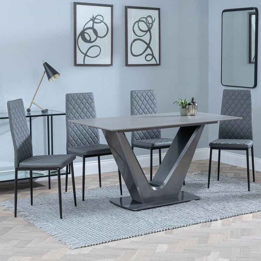 Camillo Grey Ceramic 4 Seater Dining Set - 4 Novato White Leather Dining Chair with Black Legs