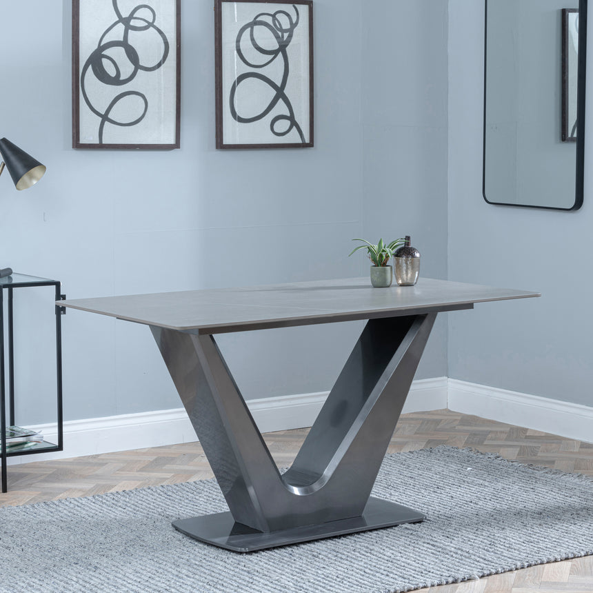 Camillo 140cm Grey Ceramic Dining Table with V Pedestal Base