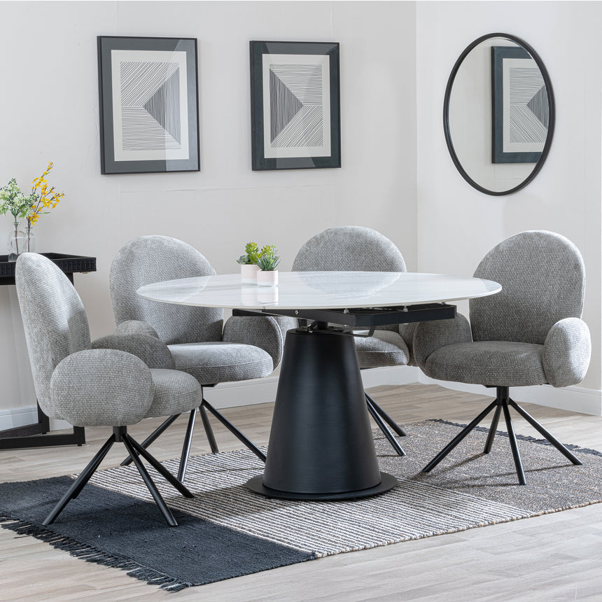 Vallo White Ceramic 4 Seater Round Extending Dining Set - 4 Altavista Grey Fabric Swivel Dining Chair