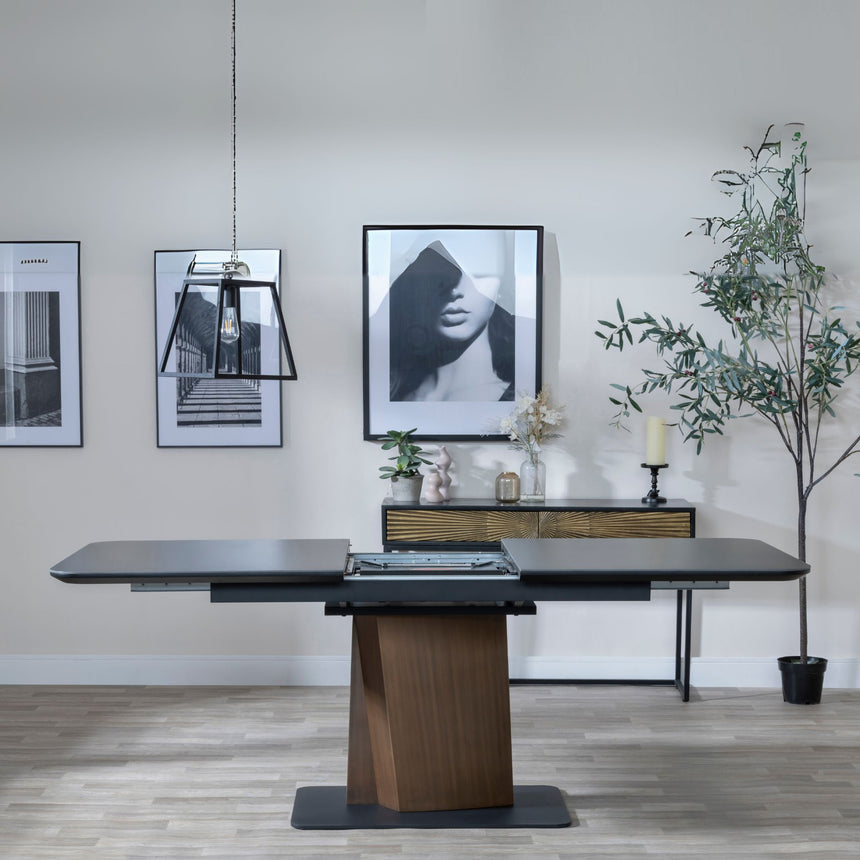 Piazza Black Ceramic Extending Dining Table with Bronze Pedestal Base - 160cm-200cm