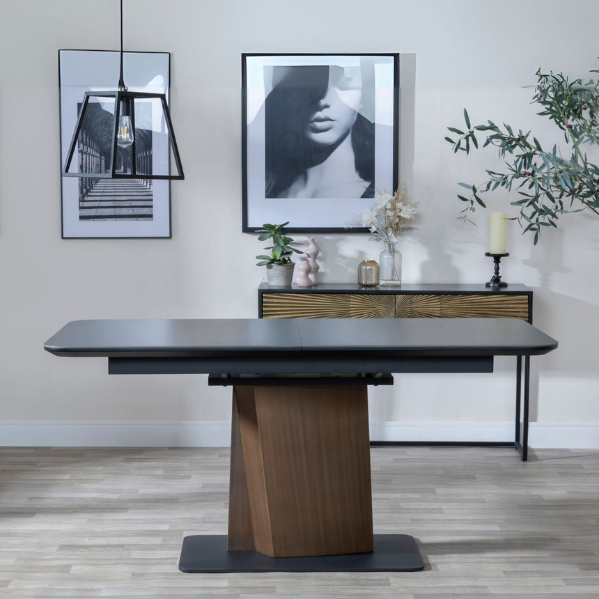 Piazza Black Ceramic Extending Dining Table with Bronze Pedestal Base - 160cm-200cm