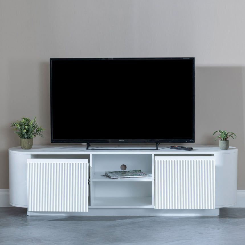 Chadwell White Marble Curved Fluted TV Unit