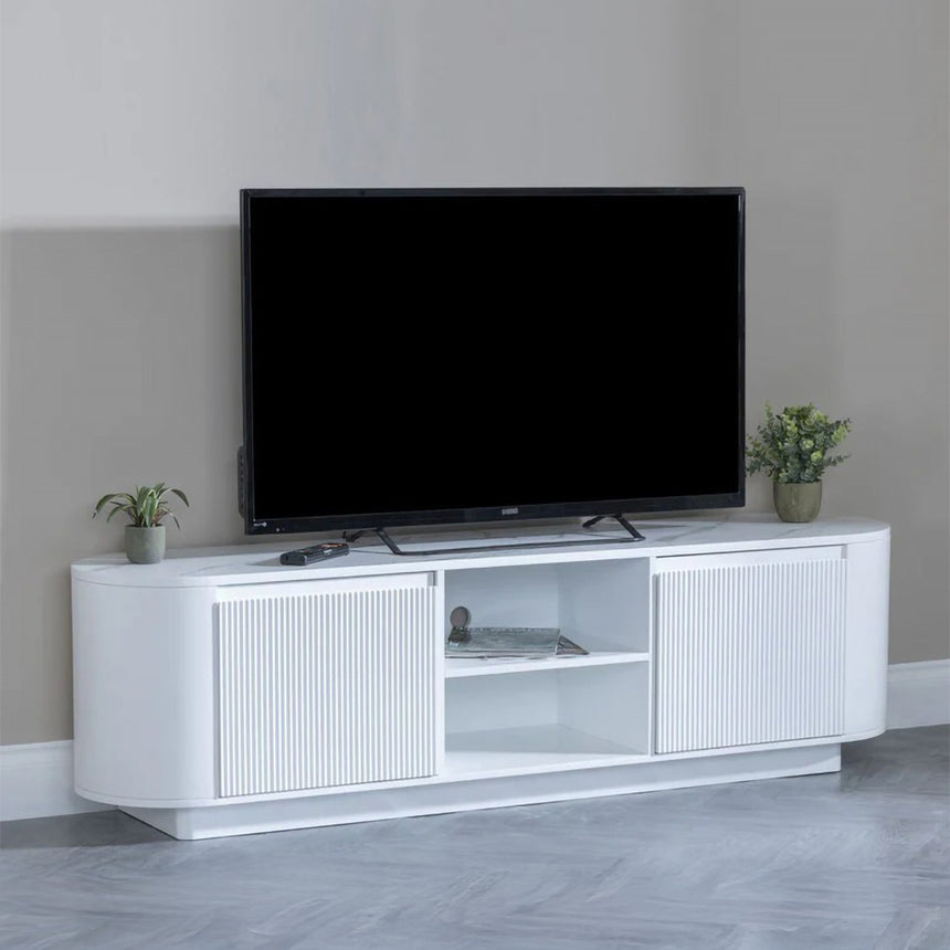 Chadwell White Marble Curved Fluted TV Unit