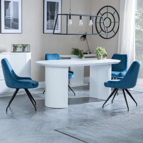 Chadwell White Marble Effect Oval Dining Set - Diana Velvet Fabric Swivel Dining Chair