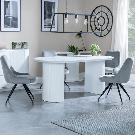 Chadwell White Marble Effect Oval Dining Set - Diana Velvet Fabric Swivel Dining Chair