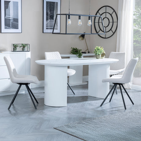 Chadwell White Marble Effect Oval Dining Set - Messina Fabric Swivel Dining Chair