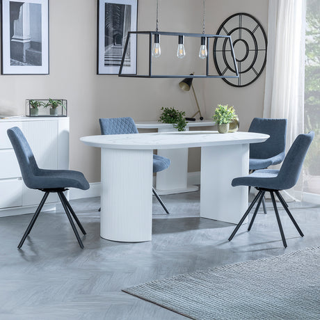 Chadwell White Marble Effect Oval Dining Set - Messina Fabric Swivel Dining Chair