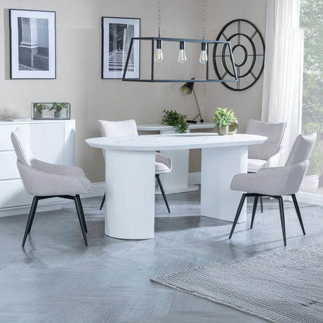 Chadwell White Marble Effect Oval Dining Set - Torres Fabric Swivel Dining Chair