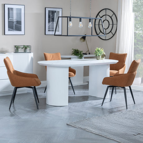 Chadwell White Marble Effect Oval Dining Set - Torres Fabric Swivel Dining Chair