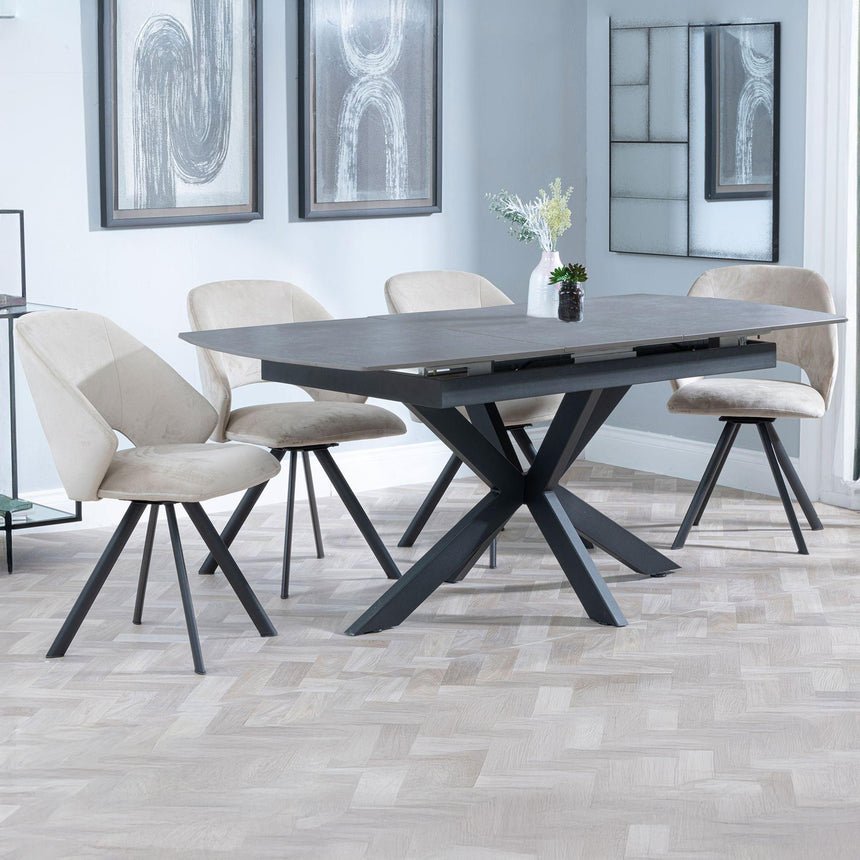 Charlotte Grey Ceramic Extending Dining Set - Burano Velvet Fabric Swivel Dining Chair