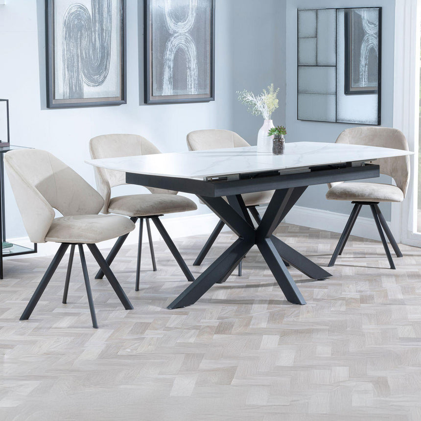 Charlotte White Ceramic Extending Dining Set - Burano Velvet Fabric Swivel Dining Chair