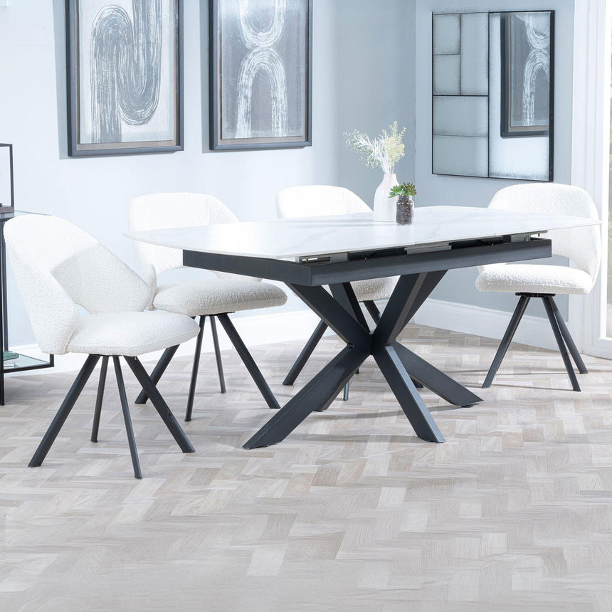 Charlotte White Ceramic Extending Dining Set - Burano Velvet Fabric Swivel Dining Chair