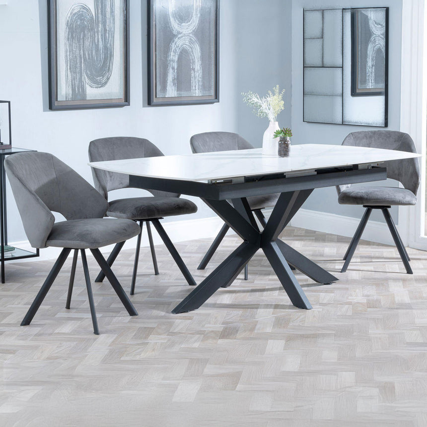 Charlotte White Ceramic Extending Dining Set - Burano Velvet Fabric Swivel Dining Chair