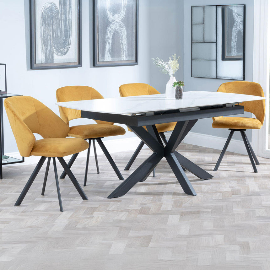 Charlotte White Ceramic Extending Dining Set - Burano Velvet Fabric Swivel Dining Chair