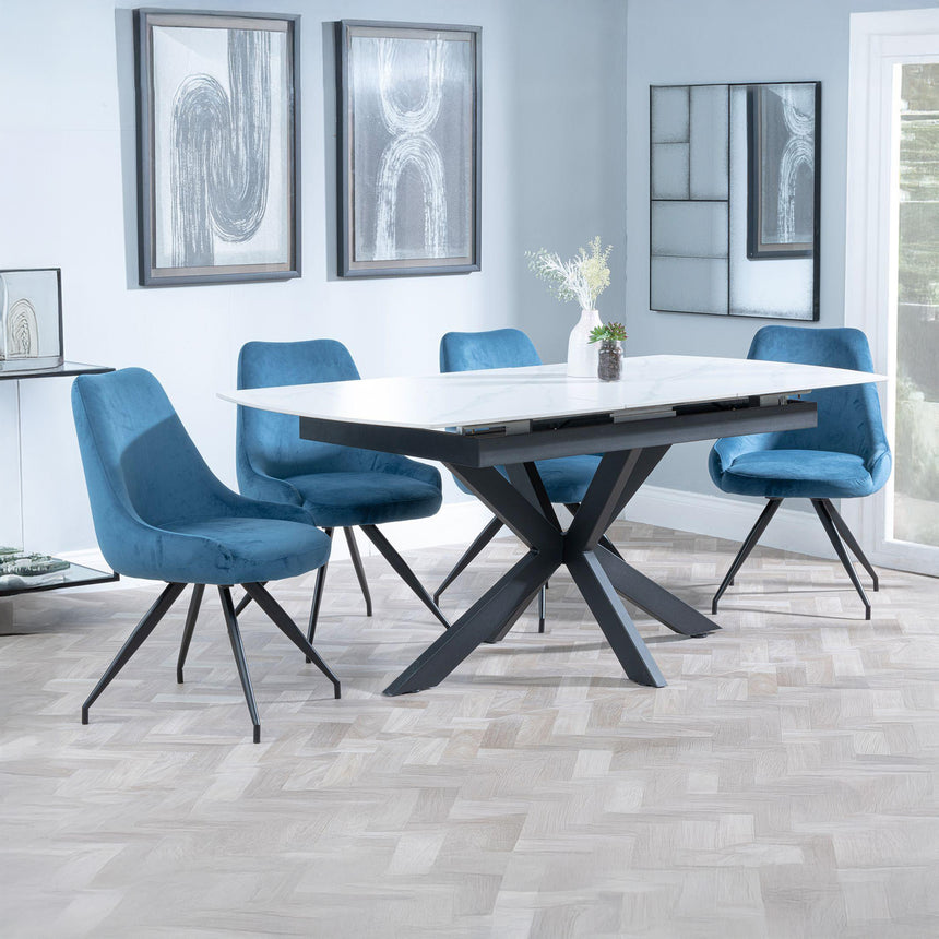 Charlotte White Ceramic Extending Dining Set - Diana Velvet Fabric Swivel Dining Chair