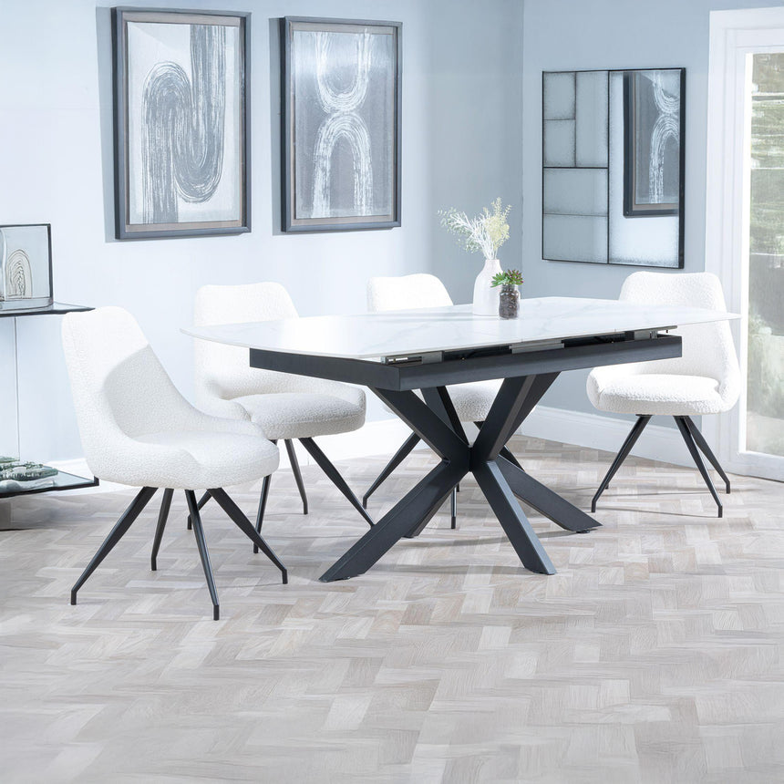Charlotte White Ceramic Extending Dining Set - Diana Velvet Fabric Swivel Dining Chair