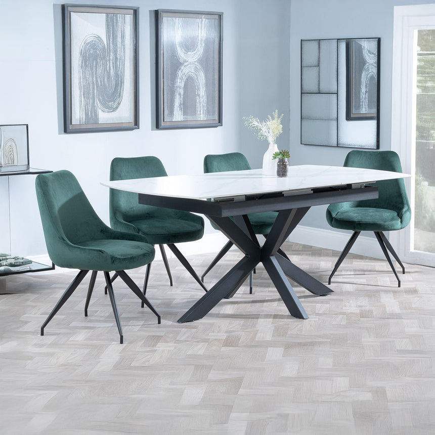 Charlotte White Ceramic Extending Dining Set - Diana Velvet Fabric Swivel Dining Chair