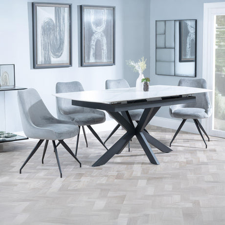 Charlotte White Ceramic Extending Dining Set - Diana Velvet Fabric Swivel Dining Chair