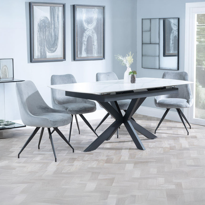 Charlotte White Ceramic Extending Dining Set - Diana Velvet Fabric Swivel Dining Chair