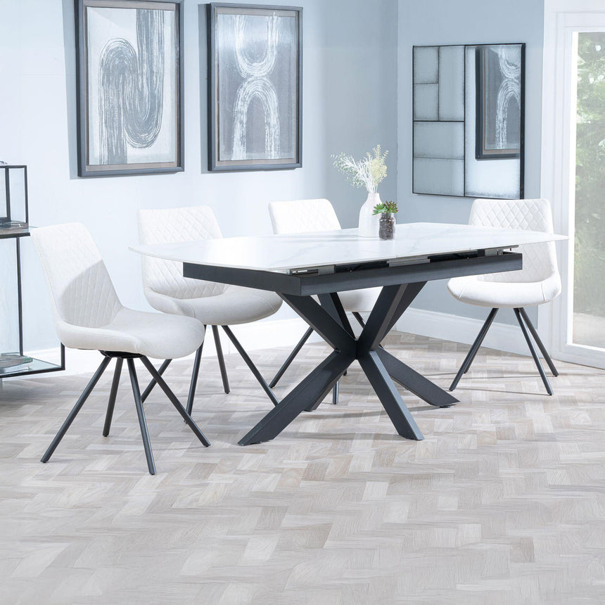 Charlotte White Ceramic Extending Dining Set - Messina Fabric Swivel Dining Chair