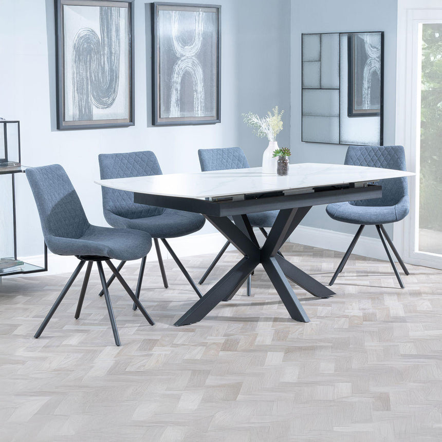 Charlotte White Ceramic Extending Dining Set - Messina Fabric Swivel Dining Chair