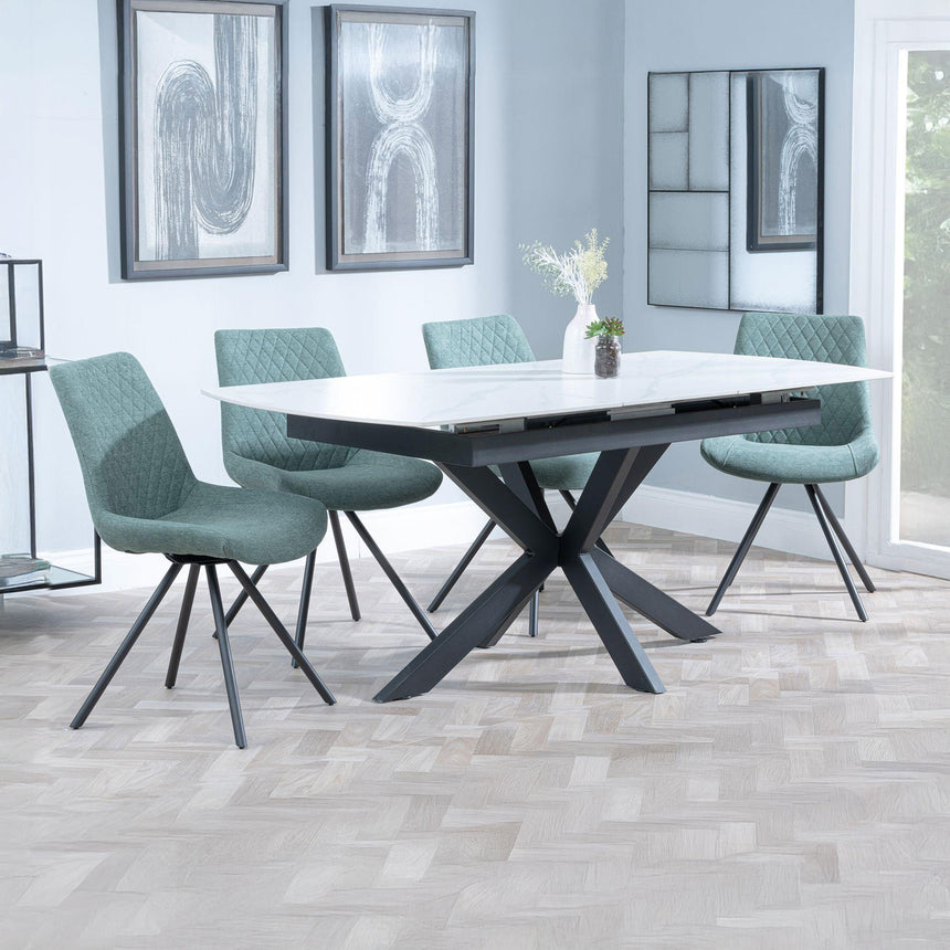 Charlotte White Ceramic Extending Dining Set - Messina Fabric Swivel Dining Chair