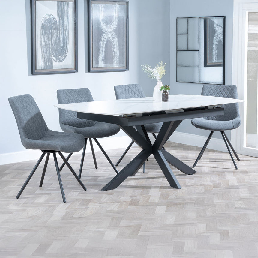 Charlotte White Ceramic Extending Dining Set - Messina Fabric Swivel Dining Chair