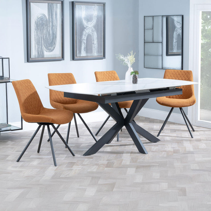 Charlotte White Ceramic Extending Dining Set - Messina Fabric Swivel Dining Chair