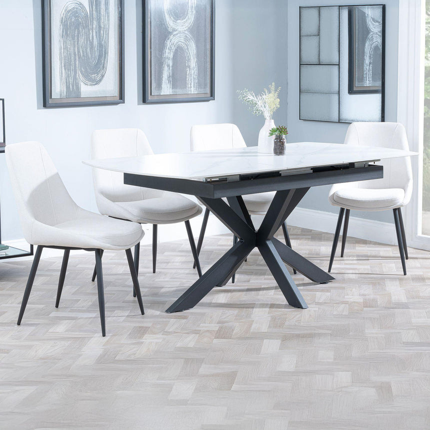 Charlotte White Ceramic Extending Dining Set - Rovereto Fabric Dining Chair