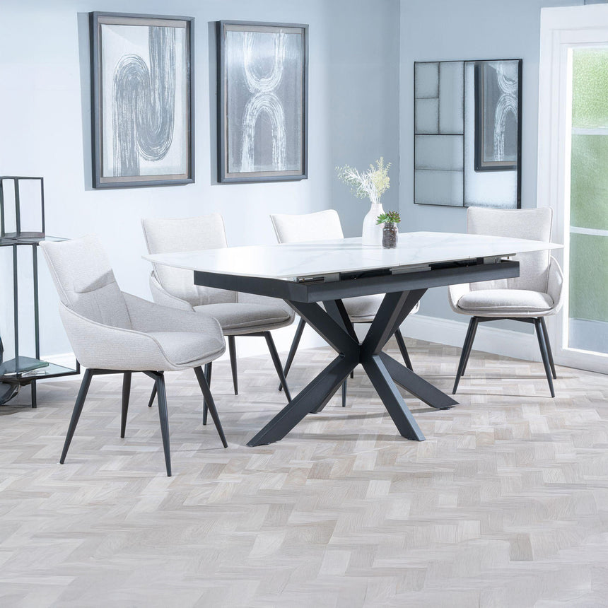 Charlotte White Ceramic Extending Dining Set - Torres Fabric Swivel Dining Chair