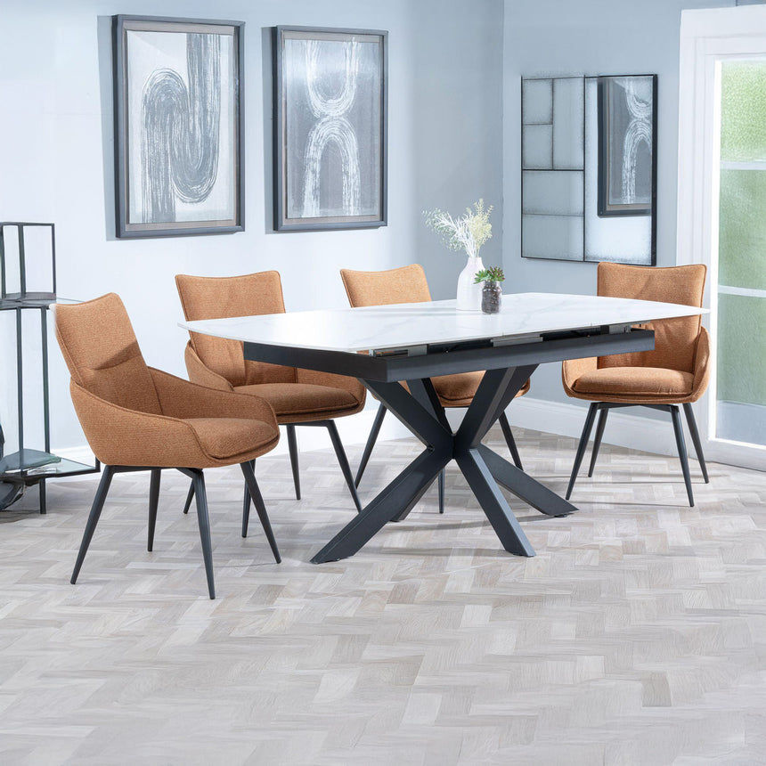 Charlotte White Ceramic Extending Dining Set - Torres Fabric Swivel Dining Chair