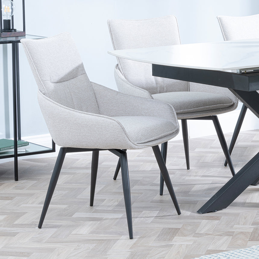 Charlotte White Ceramic Extending Dining Set - Torres Fabric Swivel Dining Chair