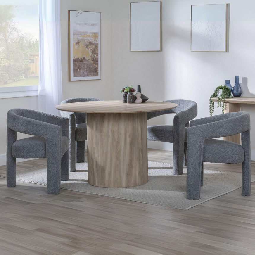 Charlton Fluted Oak 4 Seater Round Dining Set - Killen Boucle Fabric Dining Chair