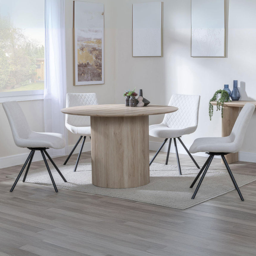 Charlton Fluted Oak 4 Seater Round Dining Set - Messina Fabric Swivel Dining Chair