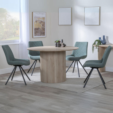 Charlton Fluted Oak Effect 4 Seater Round Dining Set - Messina Fabric Swivel Dining Chair