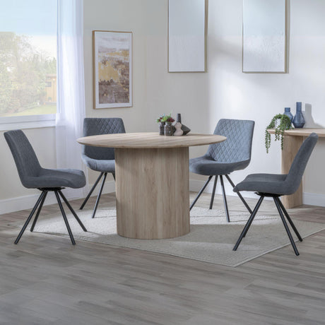 Charlton Fluted Oak Effect 4 Seater Round Dining Set - Messina Fabric Swivel Dining Chair
