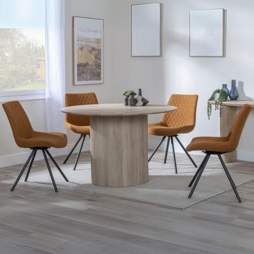 Charlton Fluted Oak 4 Seater Round Dining Set - Messina Fabric Swivel Dining Chair