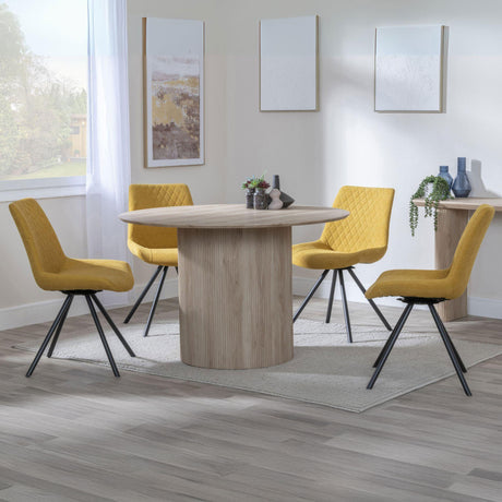 Charlton Fluted Oak Effect 4 Seater Round Dining Set - Messina Fabric Swivel Dining Chair