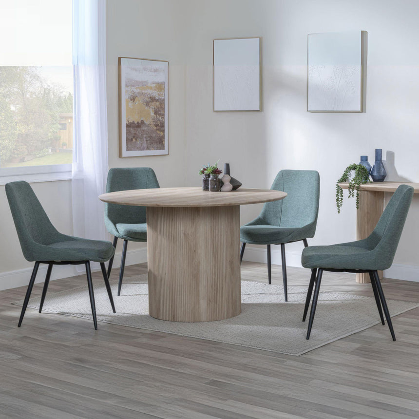 Charlton Fluted Oak 4 Seater Round Dining Set - Rovereto Fabric Dining Chair