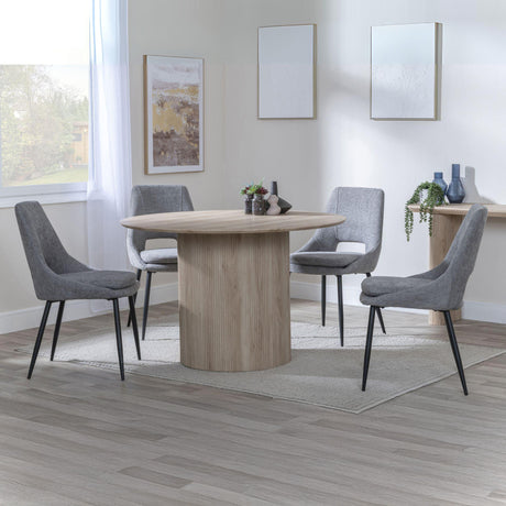Charlton Fluted Oak Effect 4 Seater Round Dining Set - Stansbury Fabric Dining Chair