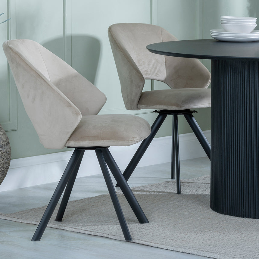 Charlton Fluted Black 4 Seater Round Dining Set - Burano Velvet Fabric Swivel Dining Chair