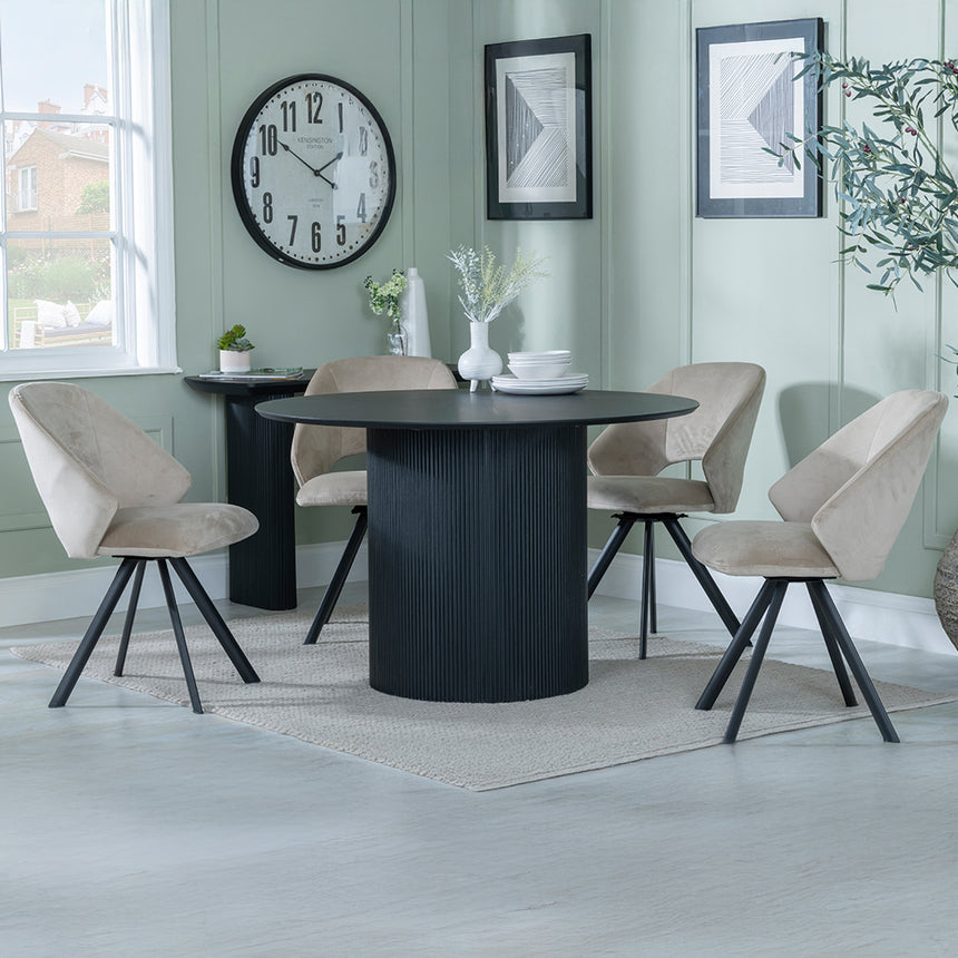 Charlton Fluted Black 4 Seater Round Dining Set - Burano Velvet Fabric Swivel Dining Chair