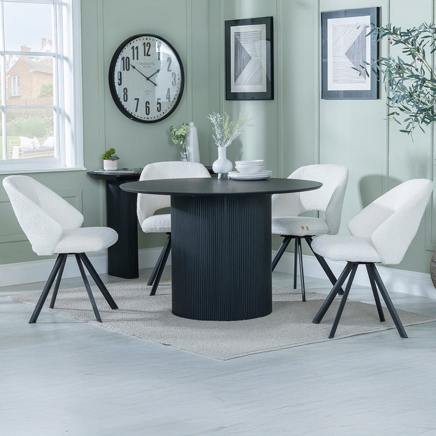 Charlton Fluted Black 4 Seater Round Dining Set - Burano Velvet Fabric Swivel Dining Chair