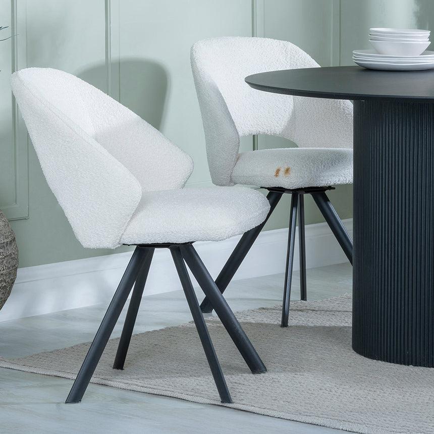 Charlton Fluted Black 4 Seater Round Dining Set - Burano Velvet Fabric Swivel Dining Chair