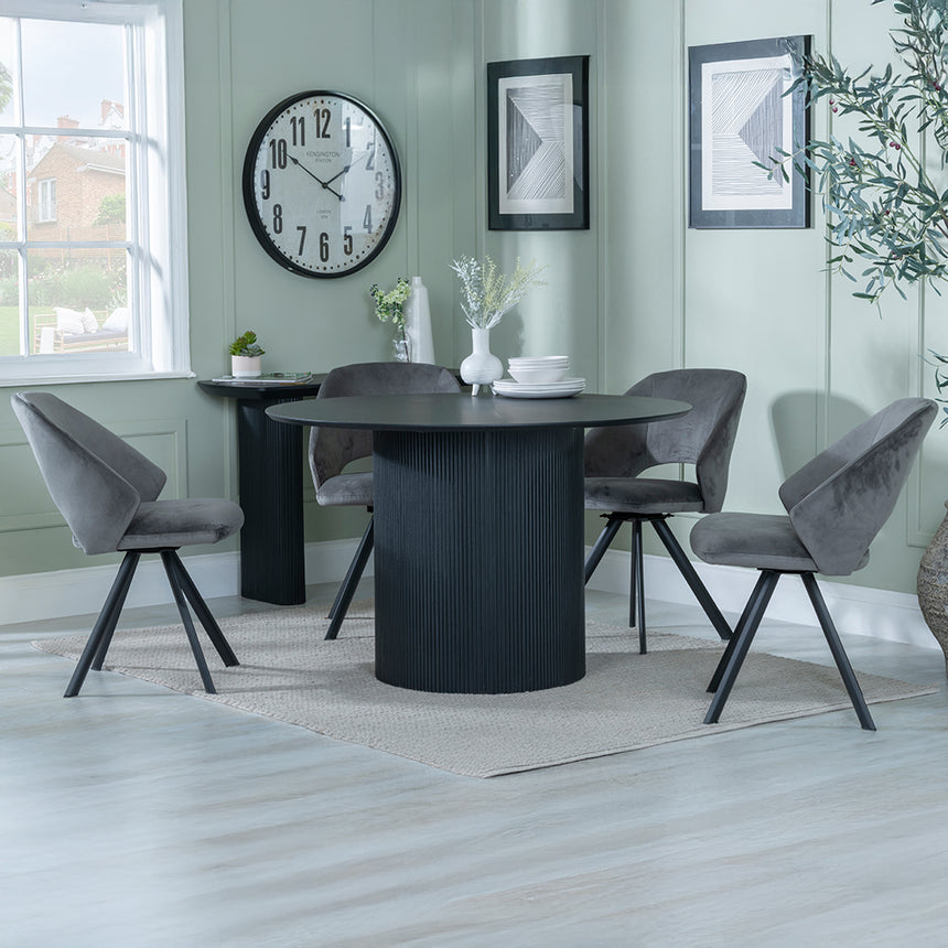 Charlton Fluted Black 4 Seater Round Dining Set - Burano Velvet Fabric Swivel Dining Chair