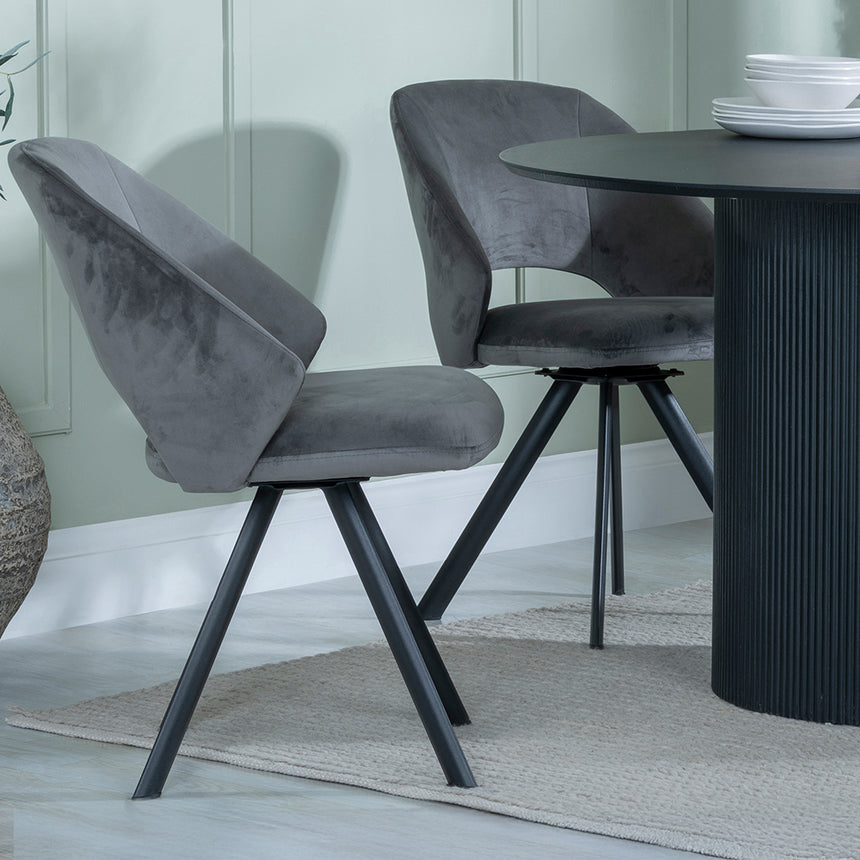 Charlton Fluted Black 4 Seater Round Dining Set - Burano Velvet Fabric Swivel Dining Chair