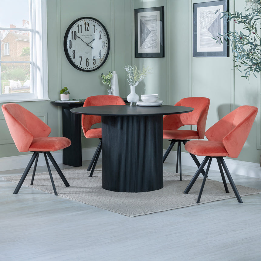 Charlton Fluted Black 4 Seater Round Dining Set - Burano Velvet Fabric Swivel Dining Chair