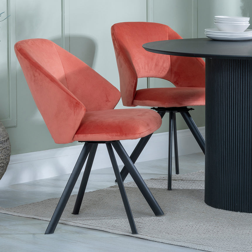 Charlton Fluted Black 4 Seater Round Dining Set - Burano Velvet Fabric Swivel Dining Chair