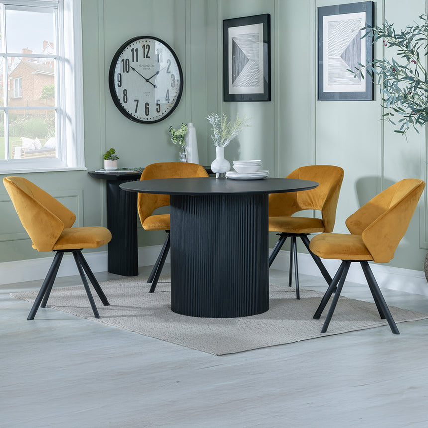 Charlton Fluted Black 4 Seater Round Dining Set - Burano Velvet Fabric Swivel Dining Chair