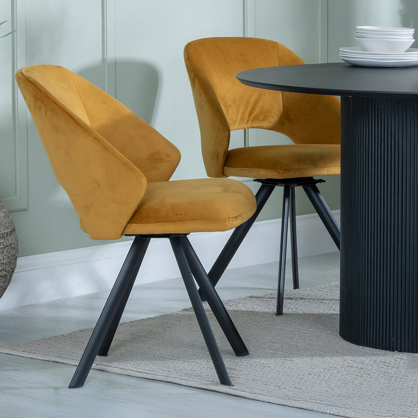 Charlton Fluted Black 4 Seater Round Dining Set - Burano Velvet Fabric Swivel Dining Chair